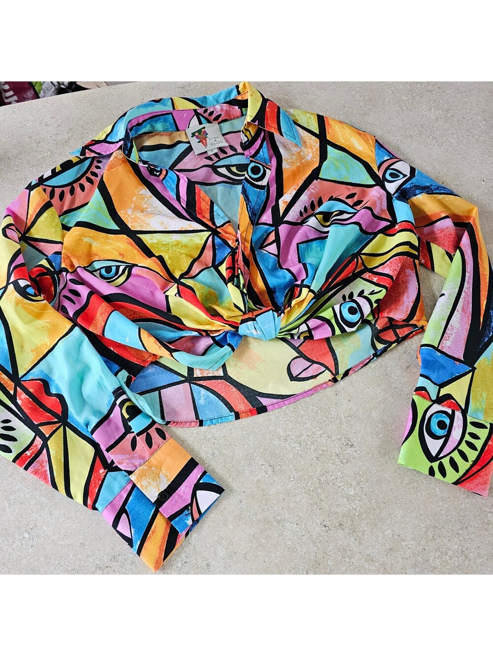 Live 4 Truth Colorful Abstract Eye Print Cropped Button-Up Shirt Size S